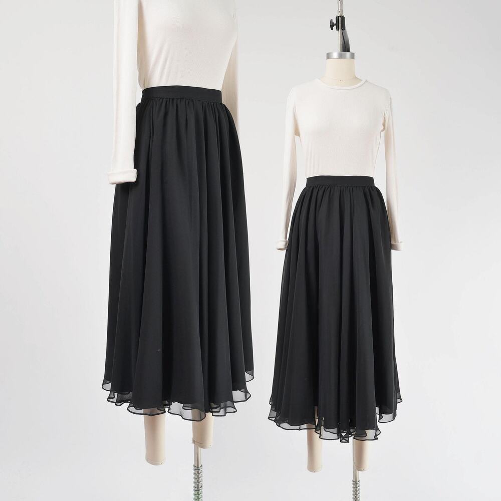 Vintage 70s Black Chiffon Circle Skirt High Waist Full Midi Skirt Womens M